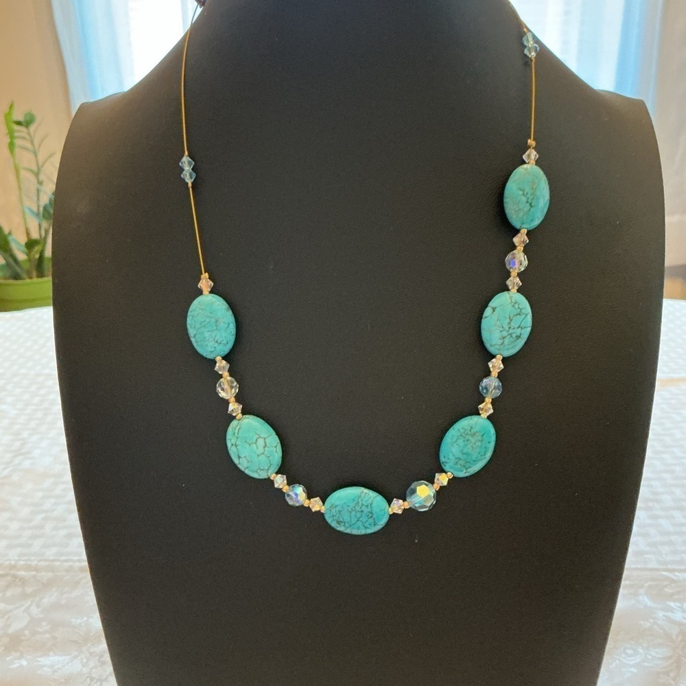 Turquoise Color and Rhinestone Gold Tone Necklace